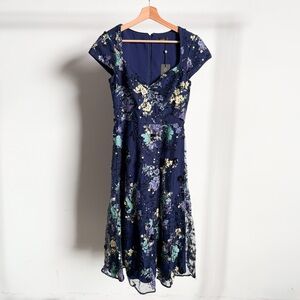 $695 NWT Theia Sequined Floral Midi Dress in Navy Sz 4